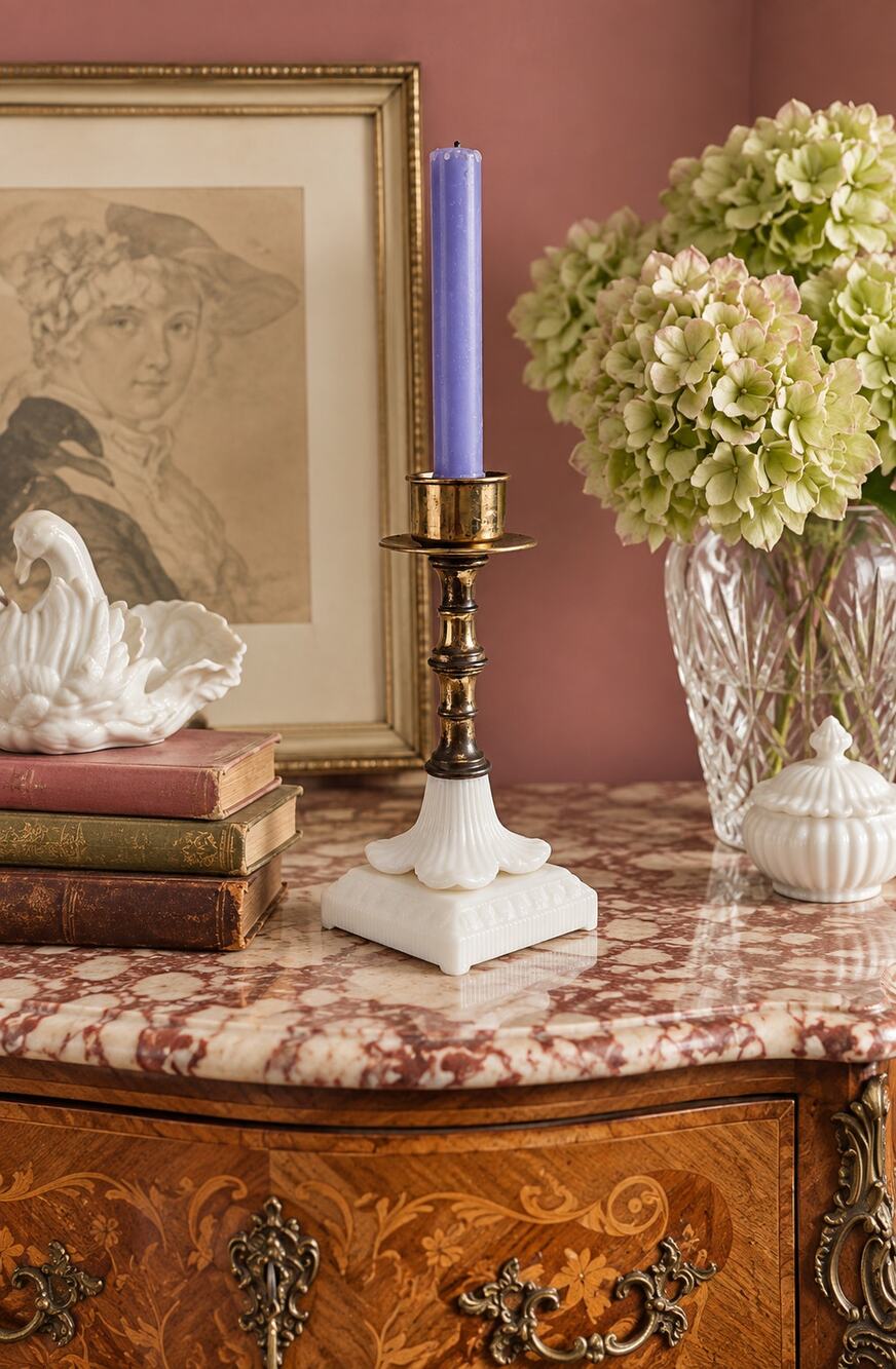 Brass White Glass Candlestick Holder Coquette Regency Romantic Decor